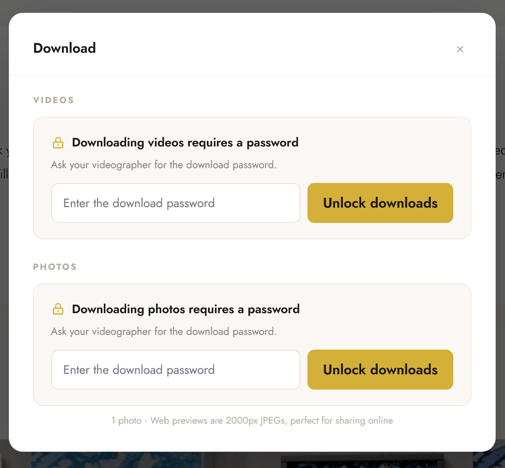 Download window in an OurStoria gallery: Videos and Photos sections, each with a password field and an Unlock downloads button