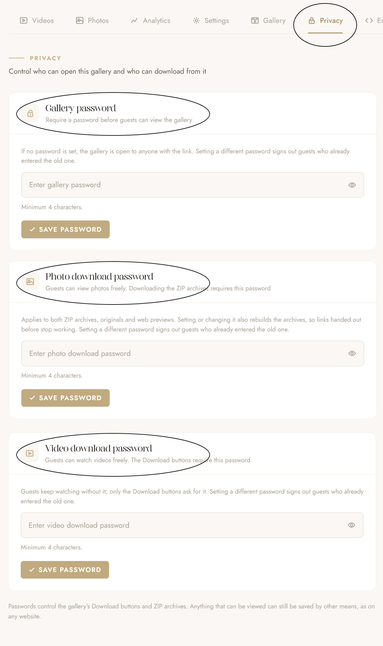 Privacy tab in the OurStoria dashboard with three cards: Gallery password, Photo download password, Video download password