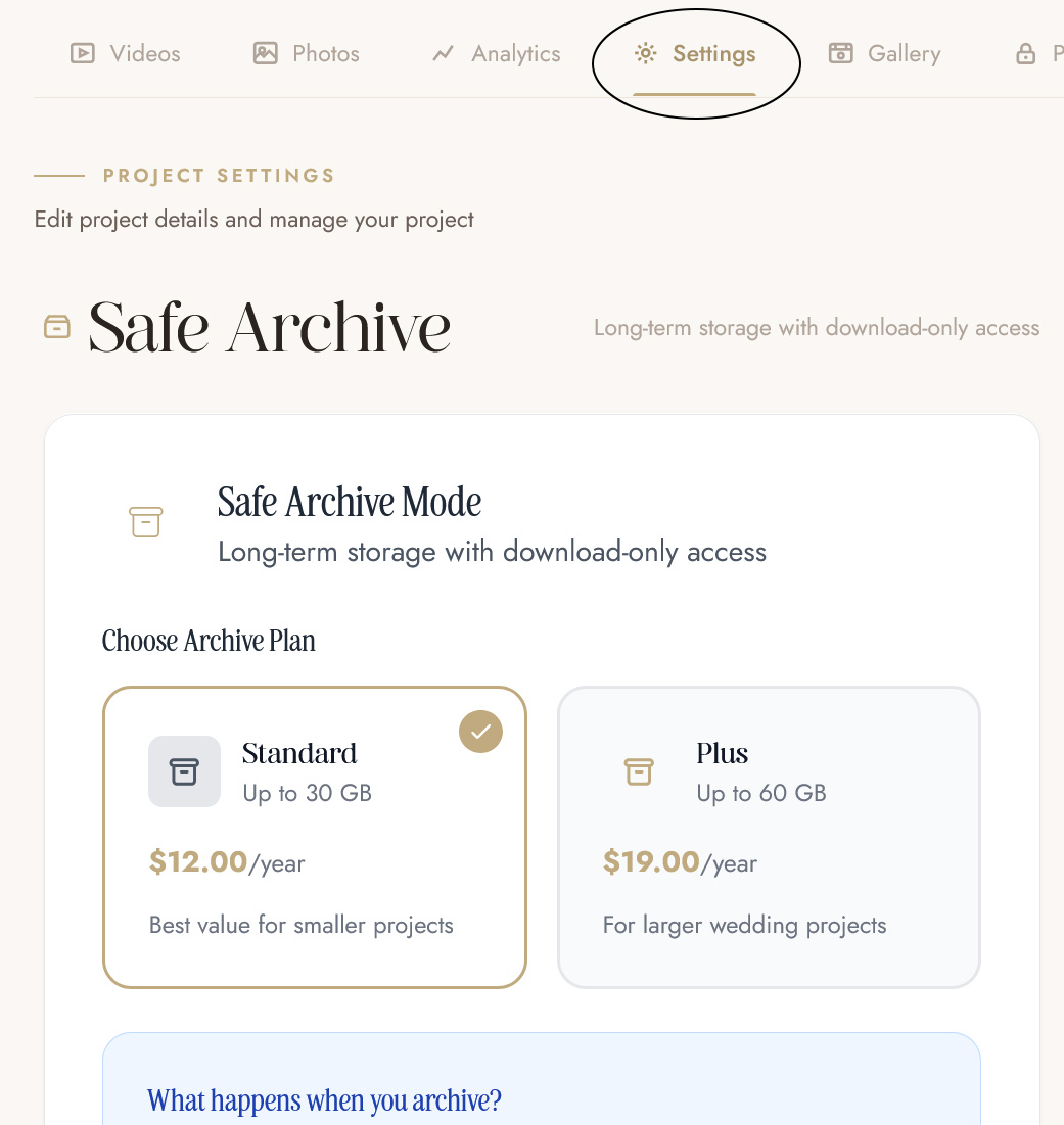 Safe Archive section on the project Settings tab in OurStoria with the Standard and Plus archive plans