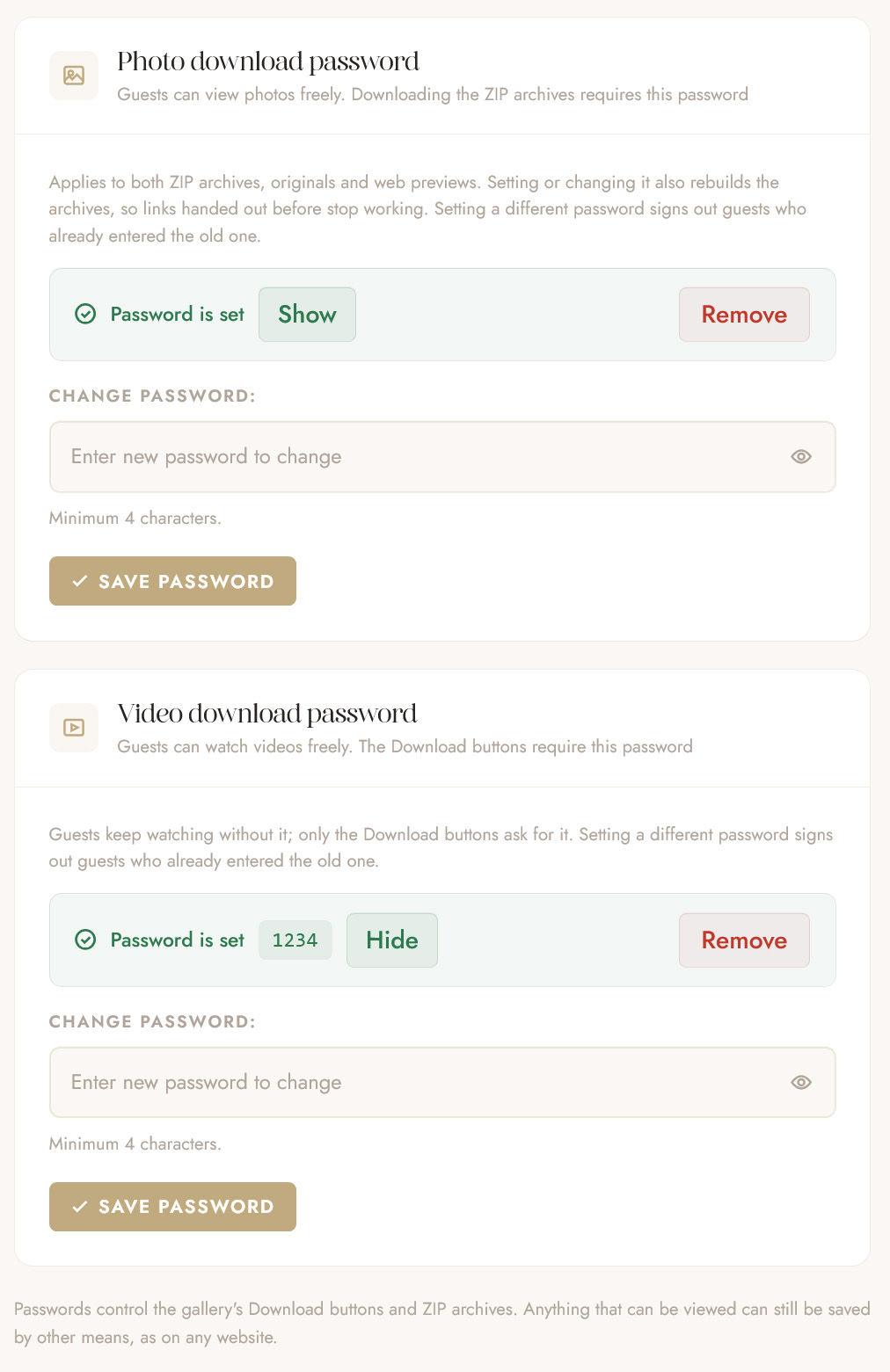 Password cards on the OurStoria Privacy tab: a Show button for the photo download password and a revealed video download password with Hide and Remove buttons